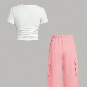 SHEIN Teen Girl Knitted Ribbed Pleated Short Sleeve T-Shirt And Casual Pants Set